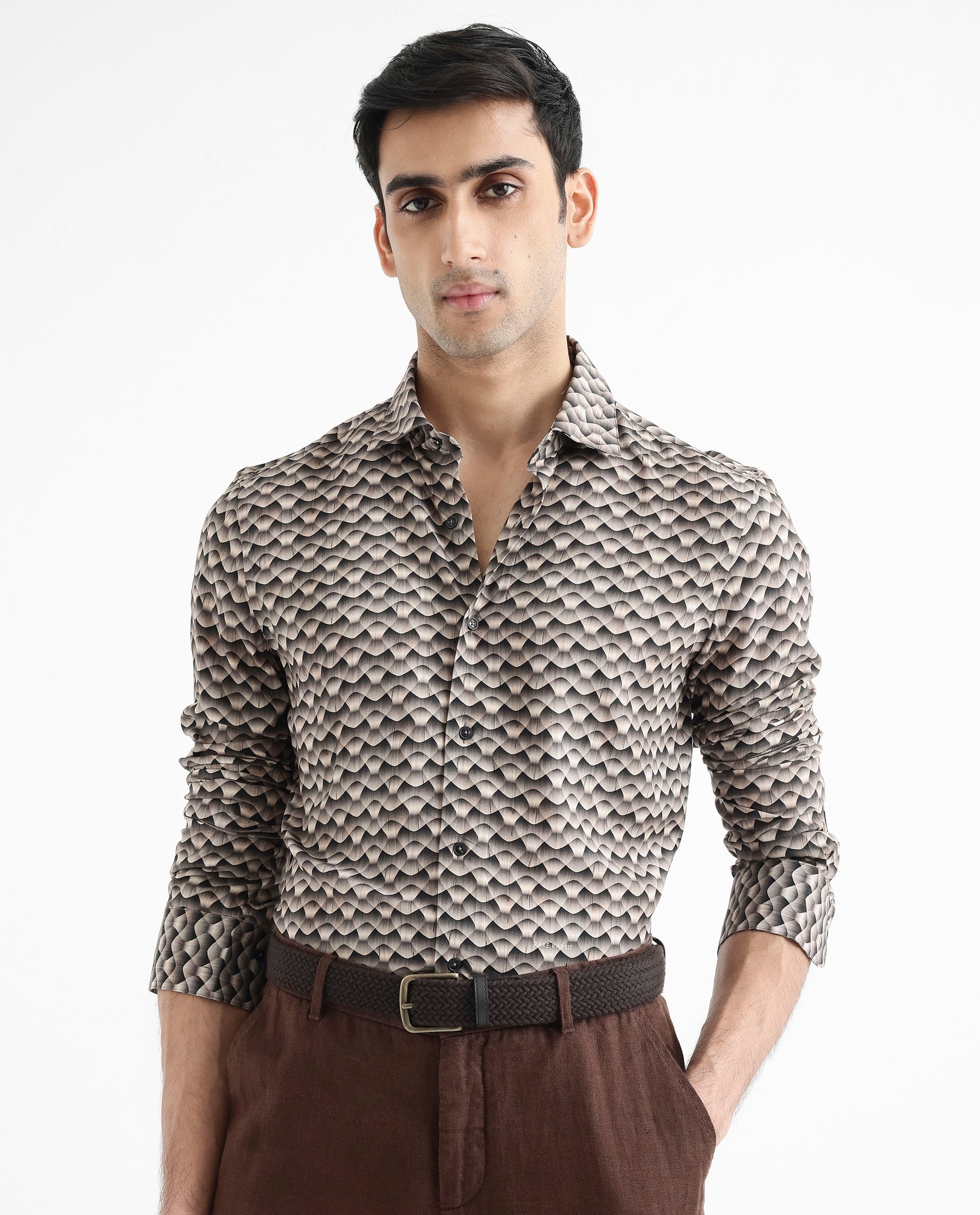 Men's Beige Casual Regular Fit Printed Full Sleeves Shirt