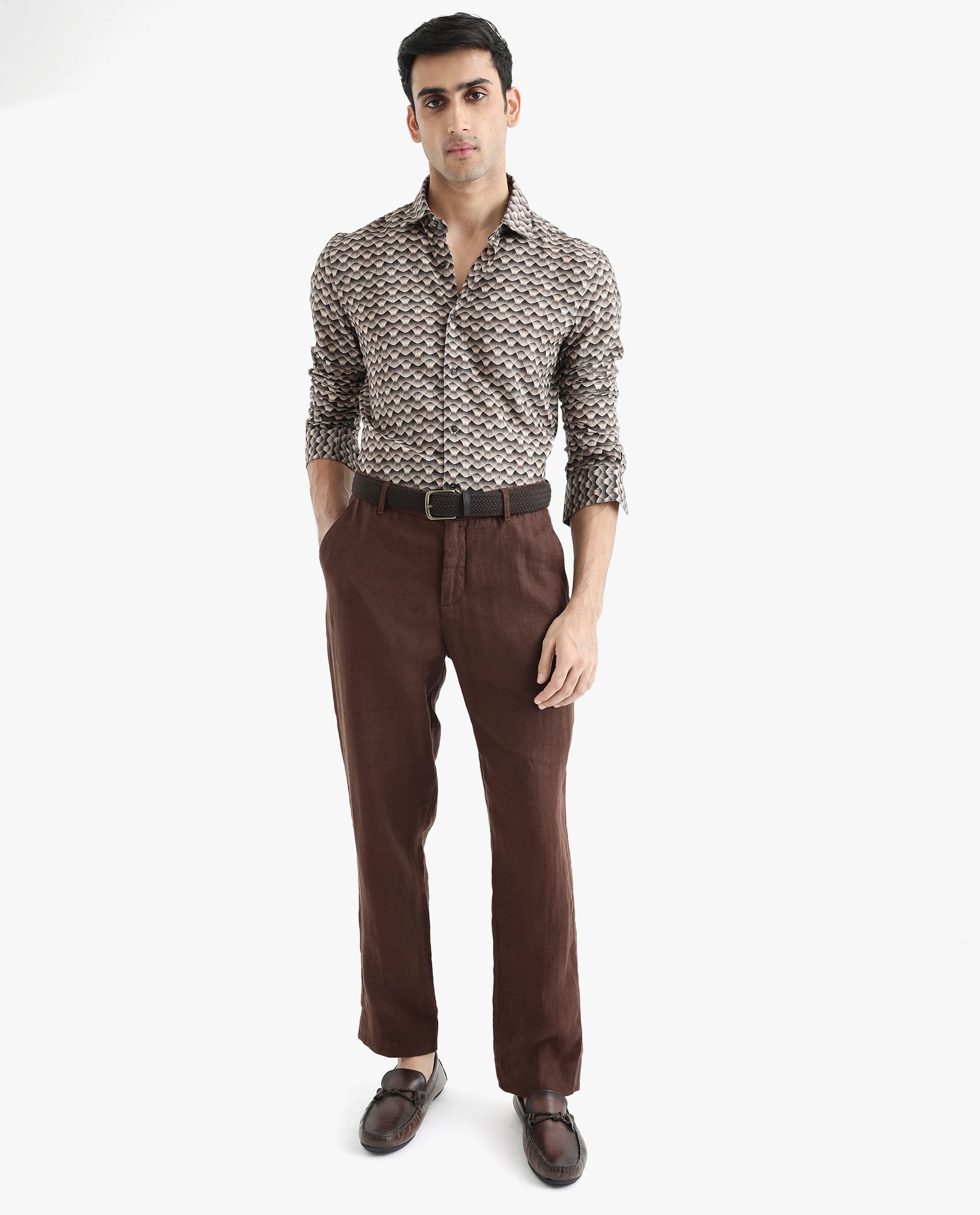 Men's Beige Casual Regular Fit Printed Full Sleeves Shirt