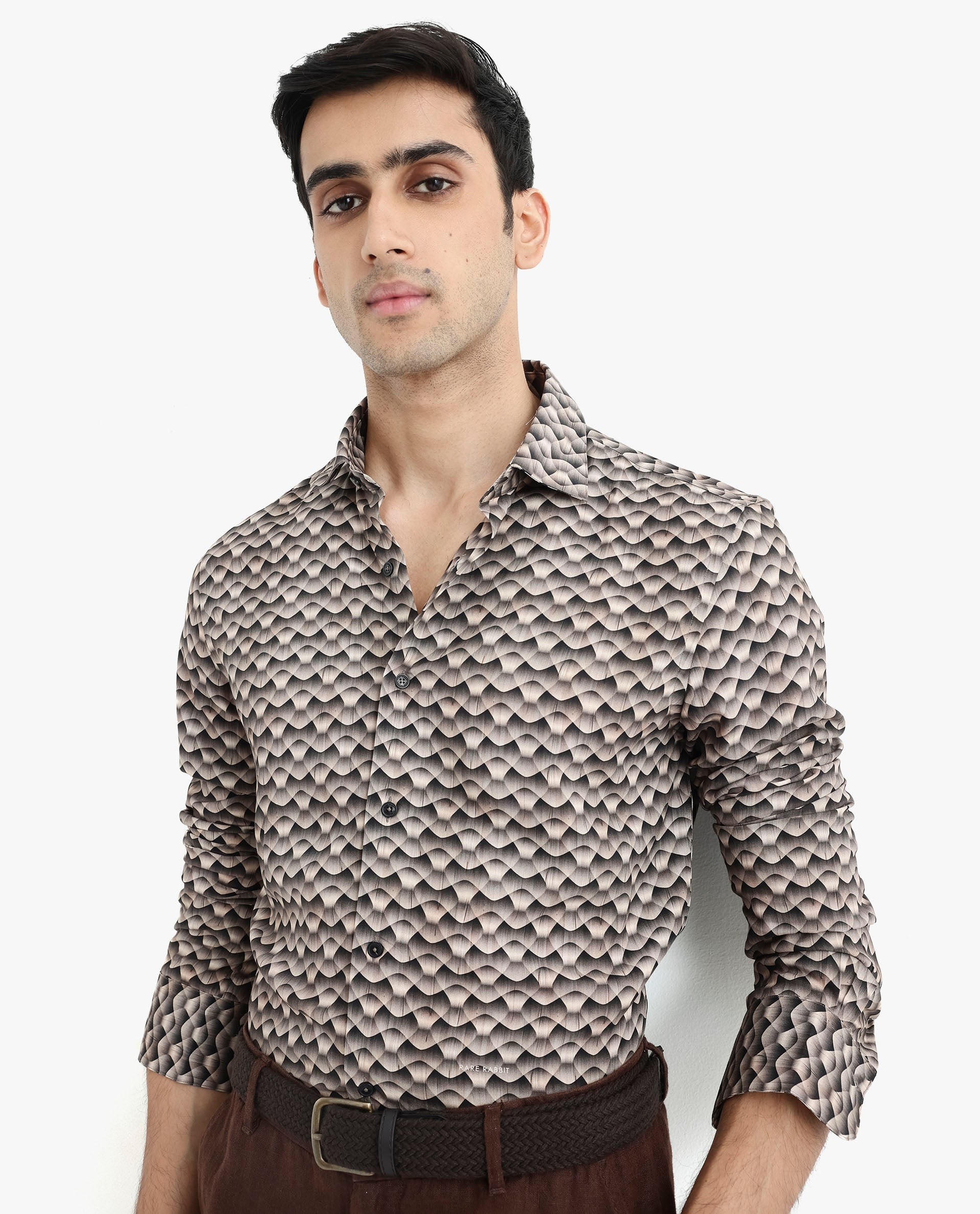 Men's Beige Casual Regular Fit Printed Full Sleeves Shirt