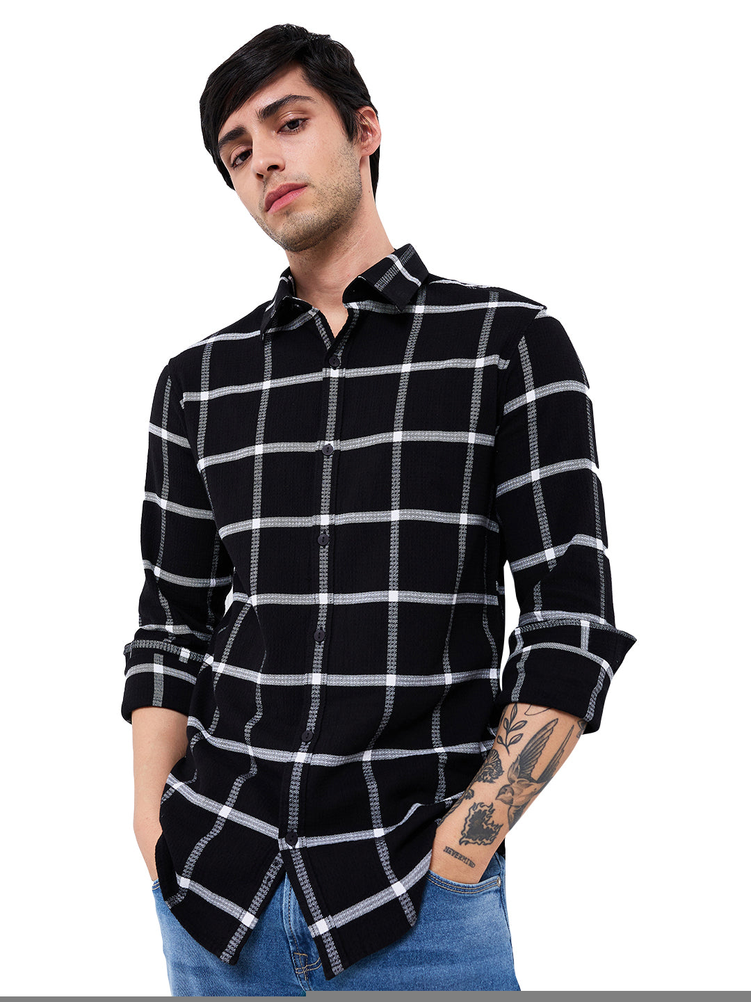 Men's Black Casual Slim Fit Checked Full Sleeves Shirt