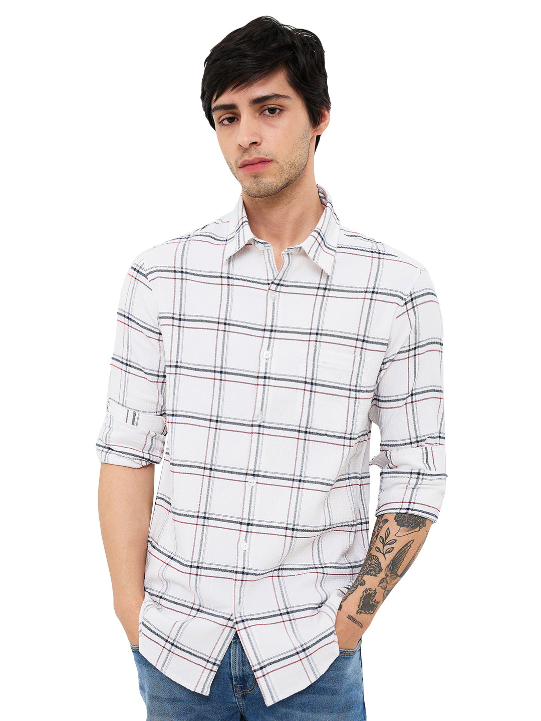Men's White Casual Slim Fit Checked Full Sleeves Shirt