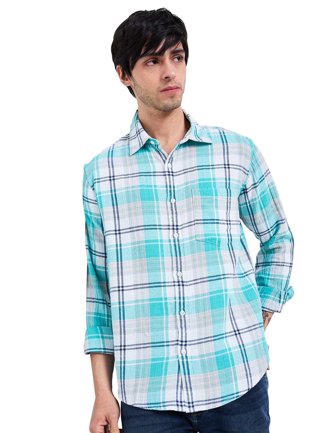 Men's Blue Casual Slim Fit Checked Full Sleeves Shirt