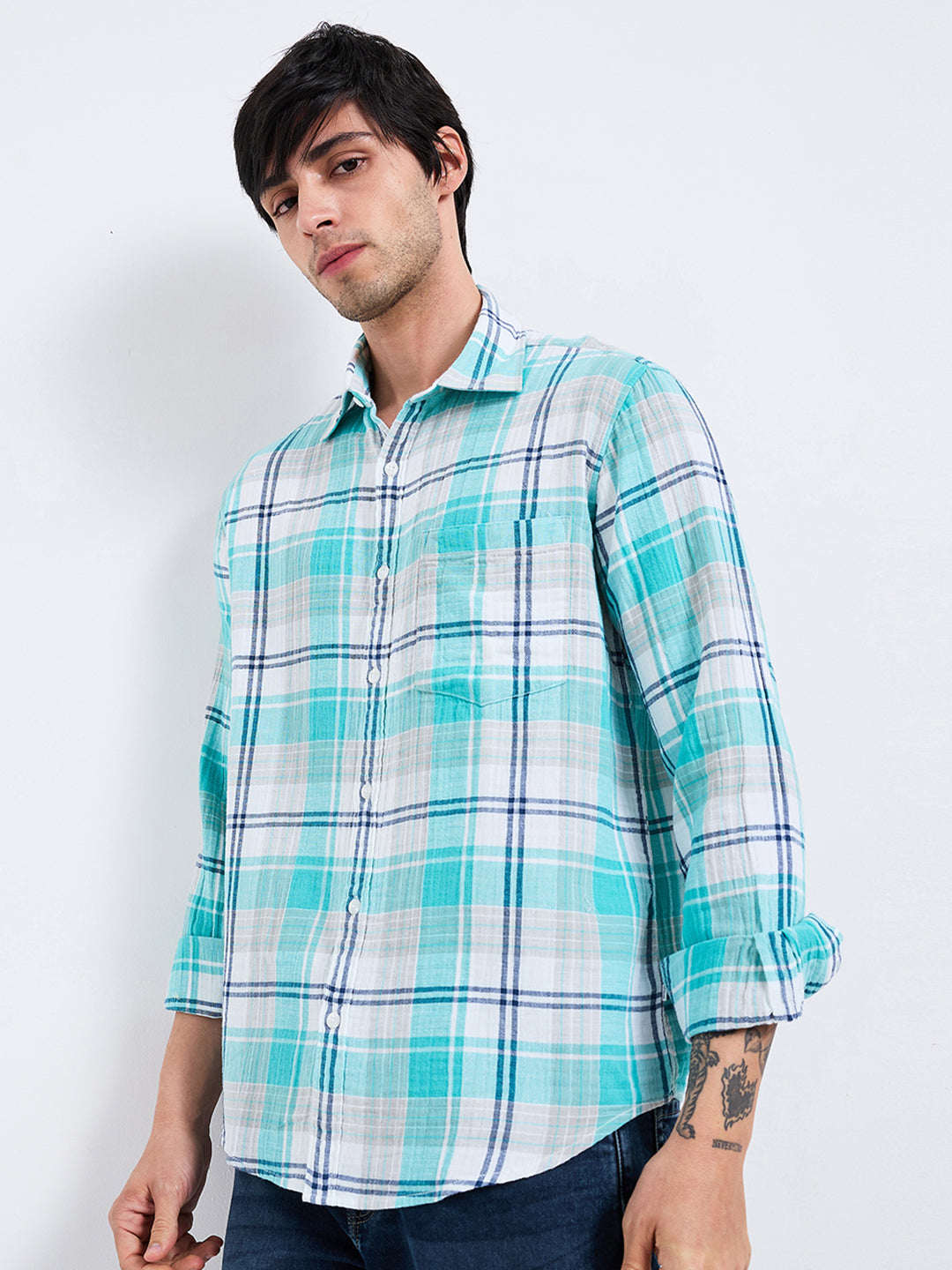 Men's Blue Casual Slim Fit Checked Full Sleeves Shirt