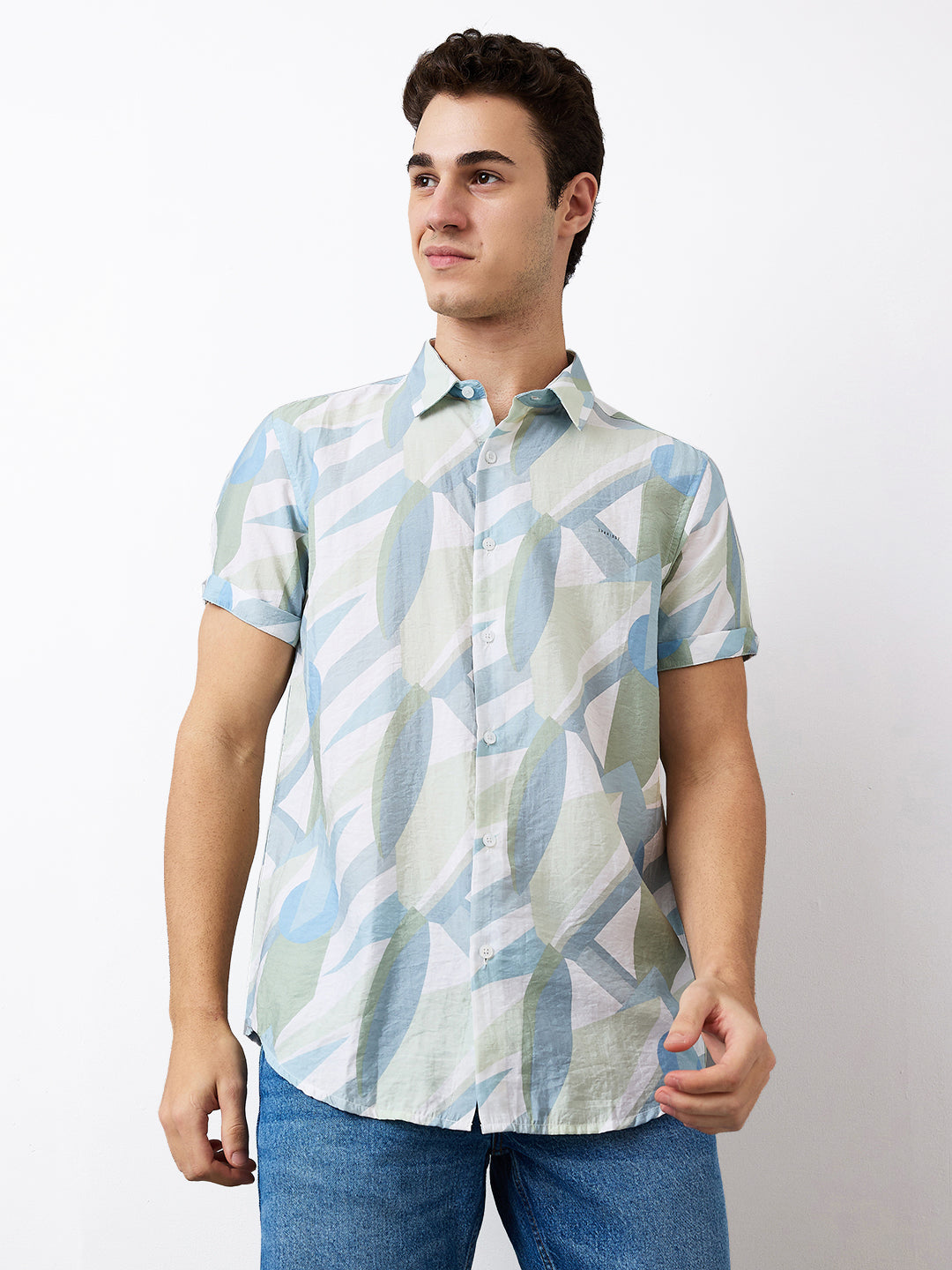 Men's Green Casual Slim Fit Printed Half Sleeves Shirt