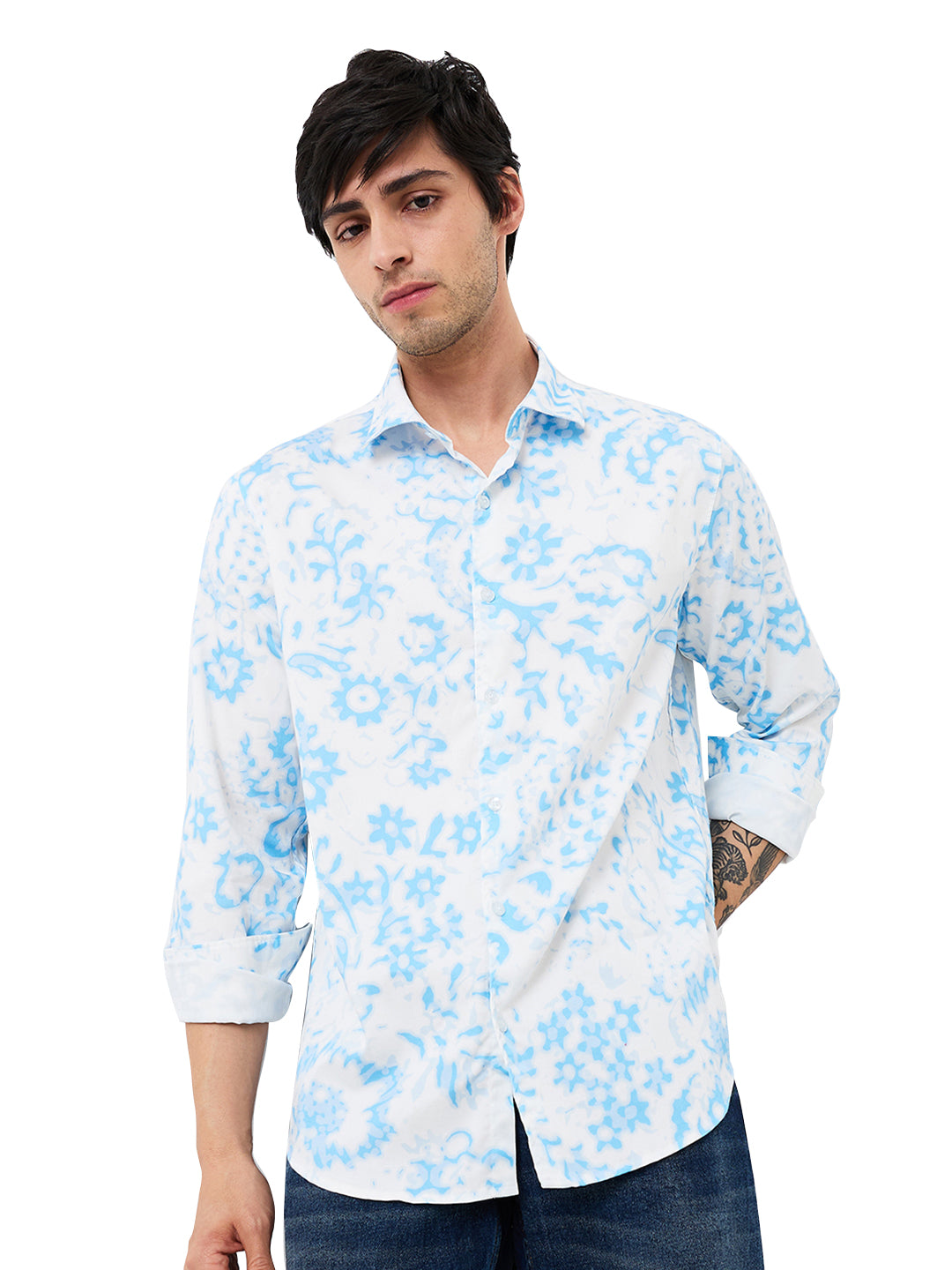 Men's Blue Casual Slim Fit Printed Full Sleeves Shirt
