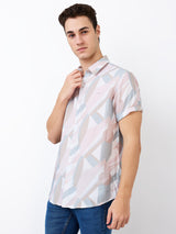Men's Pink Casual Slim Fit Printed Half Sleeves Shirt