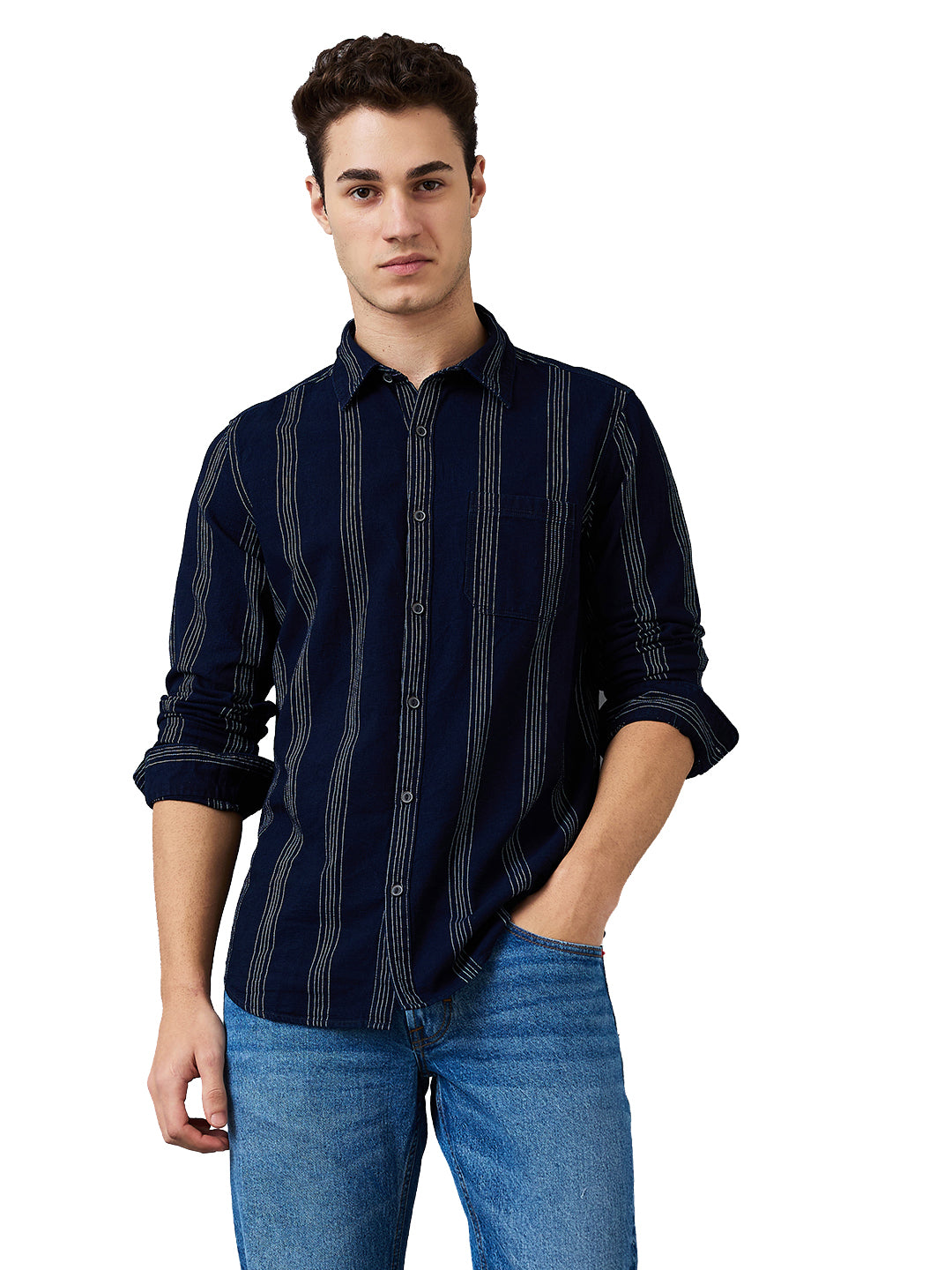 Men's Blue Casual Slim Fit Striped Full Sleeves Shirt