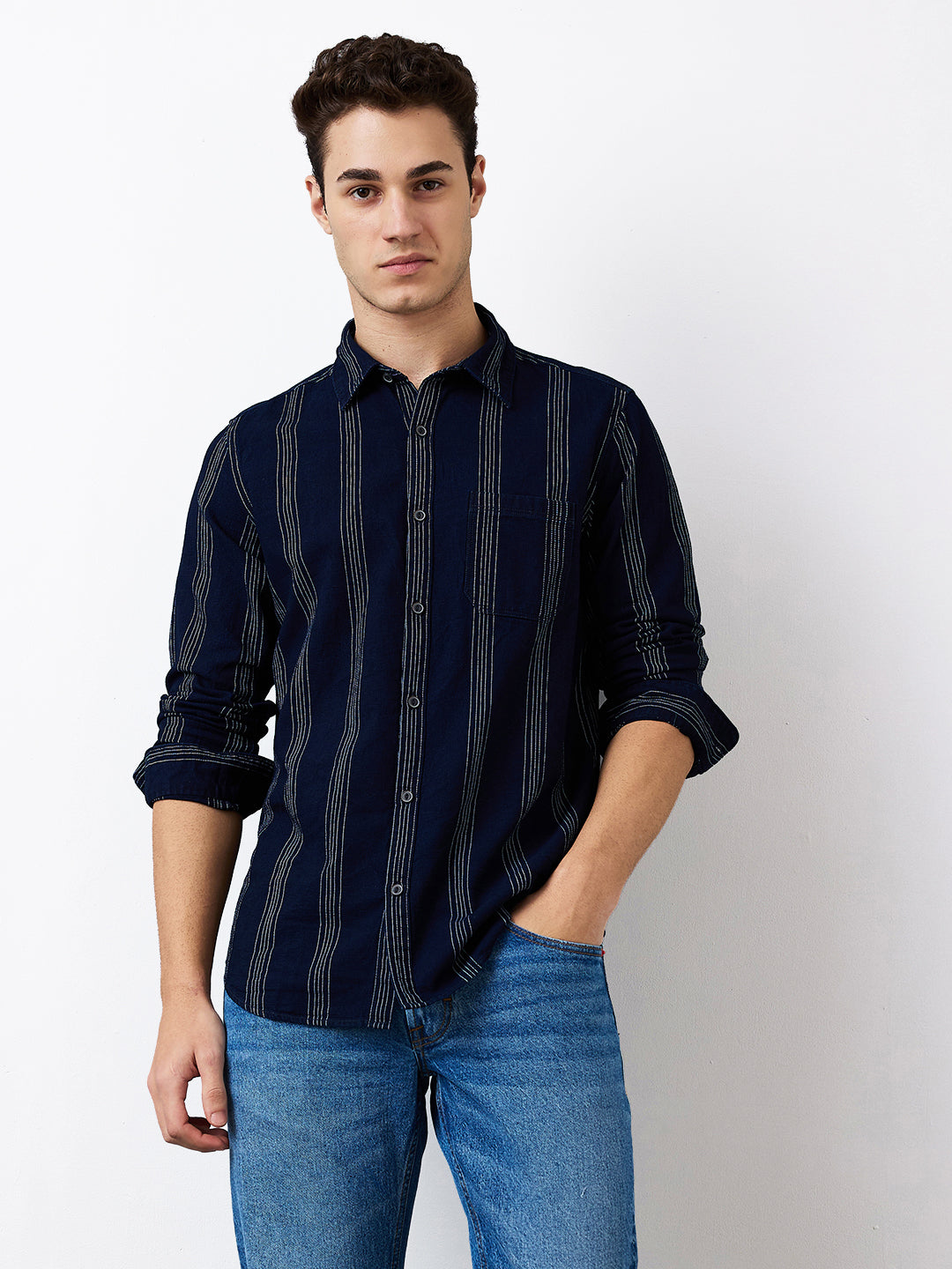 Men's Blue Casual Slim Fit Striped Full Sleeves Shirt