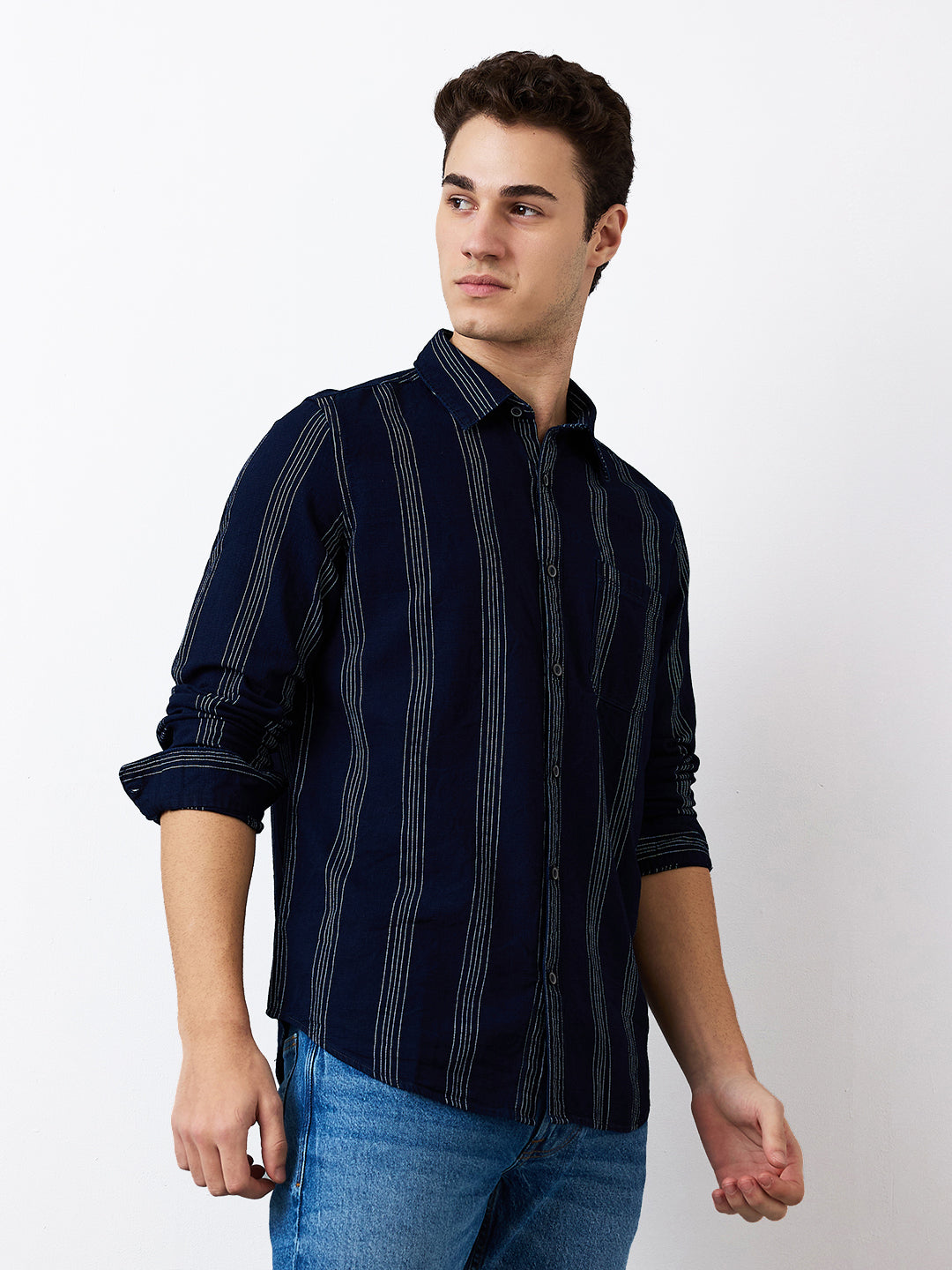 Men's Blue Casual Slim Fit Striped Full Sleeves Shirt