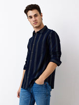 Men's Blue Casual Slim Fit Striped Full Sleeves Shirt