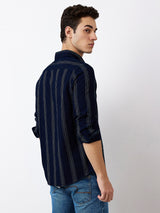 Men's Blue Casual Slim Fit Striped Full Sleeves Shirt