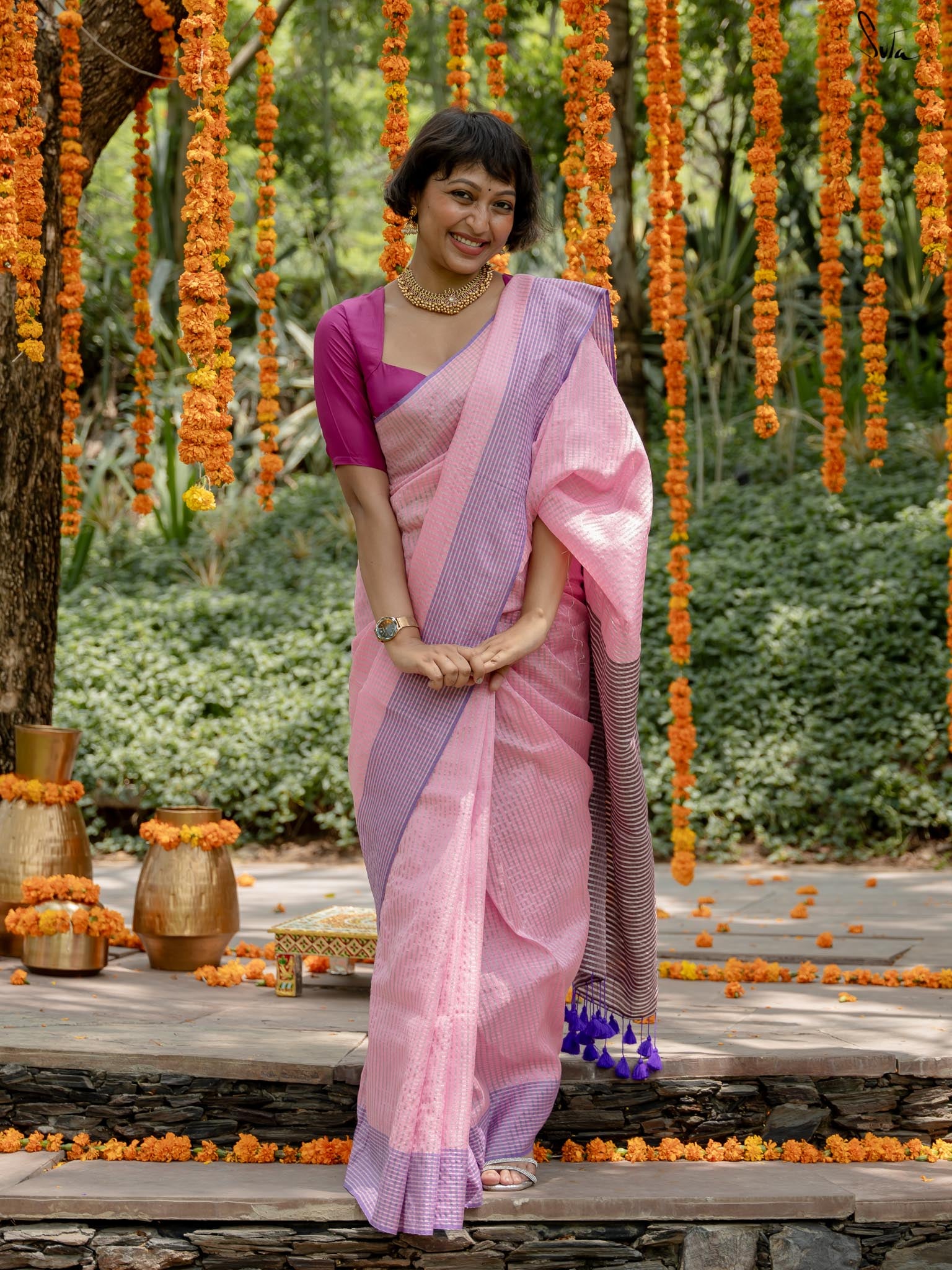 Women's Pink Acrylic Cotton Saree