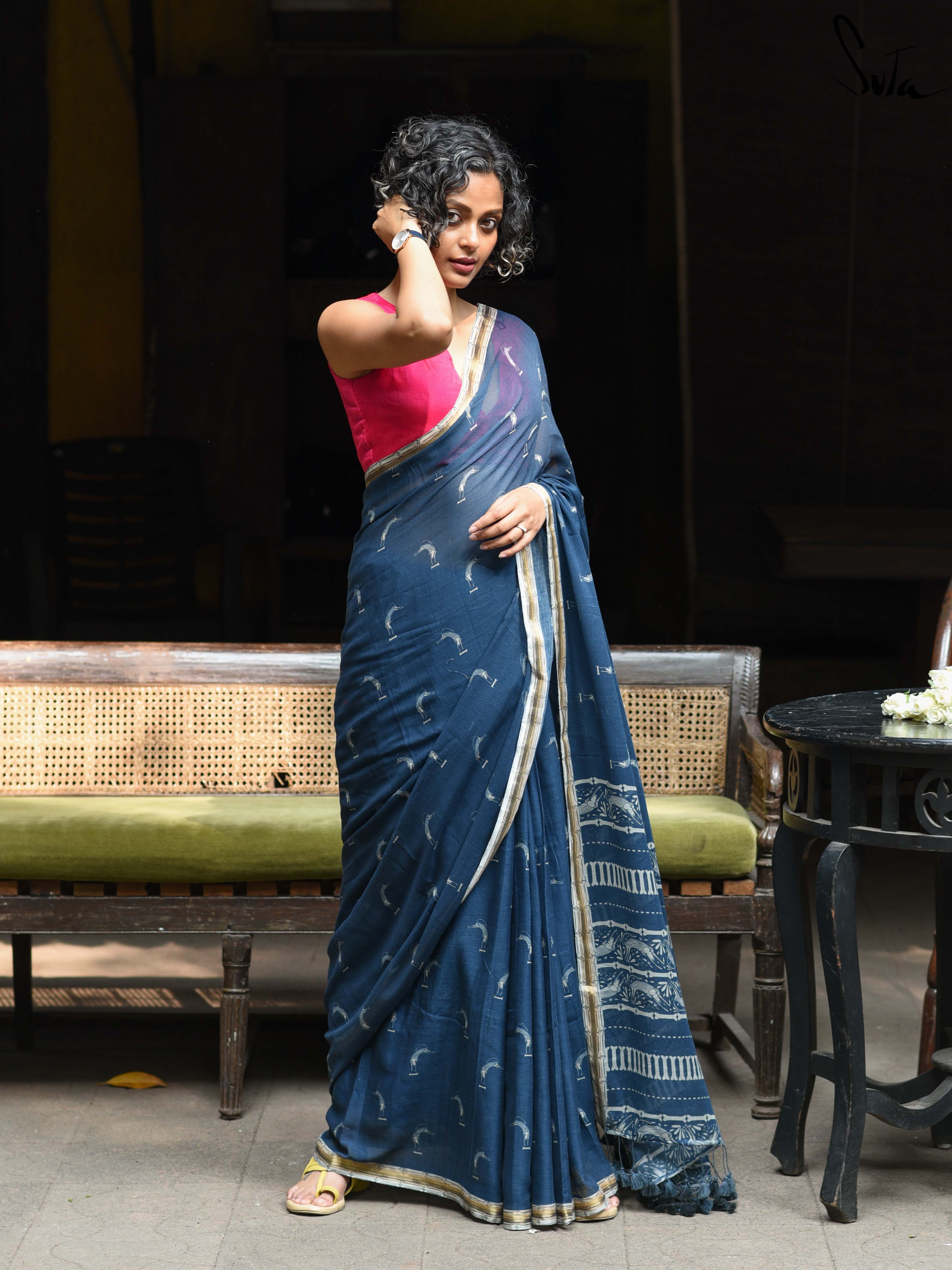 Women's Blue Cotton Viscose Saree