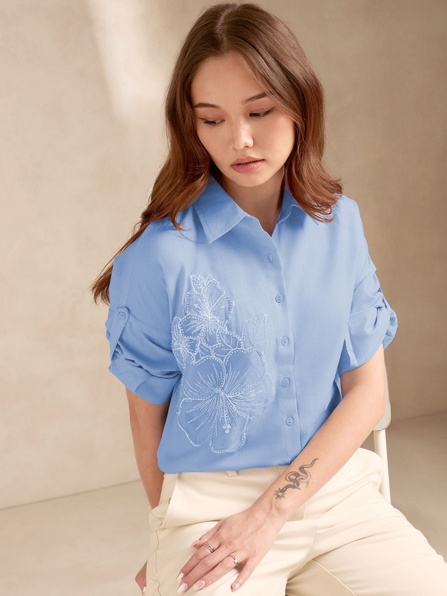 Women's Blue Casual Self-Design Full Sleeves Shirt