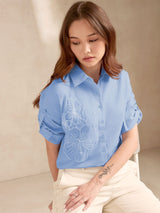 Women's Blue Casual Self-Design Full Sleeves Shirt