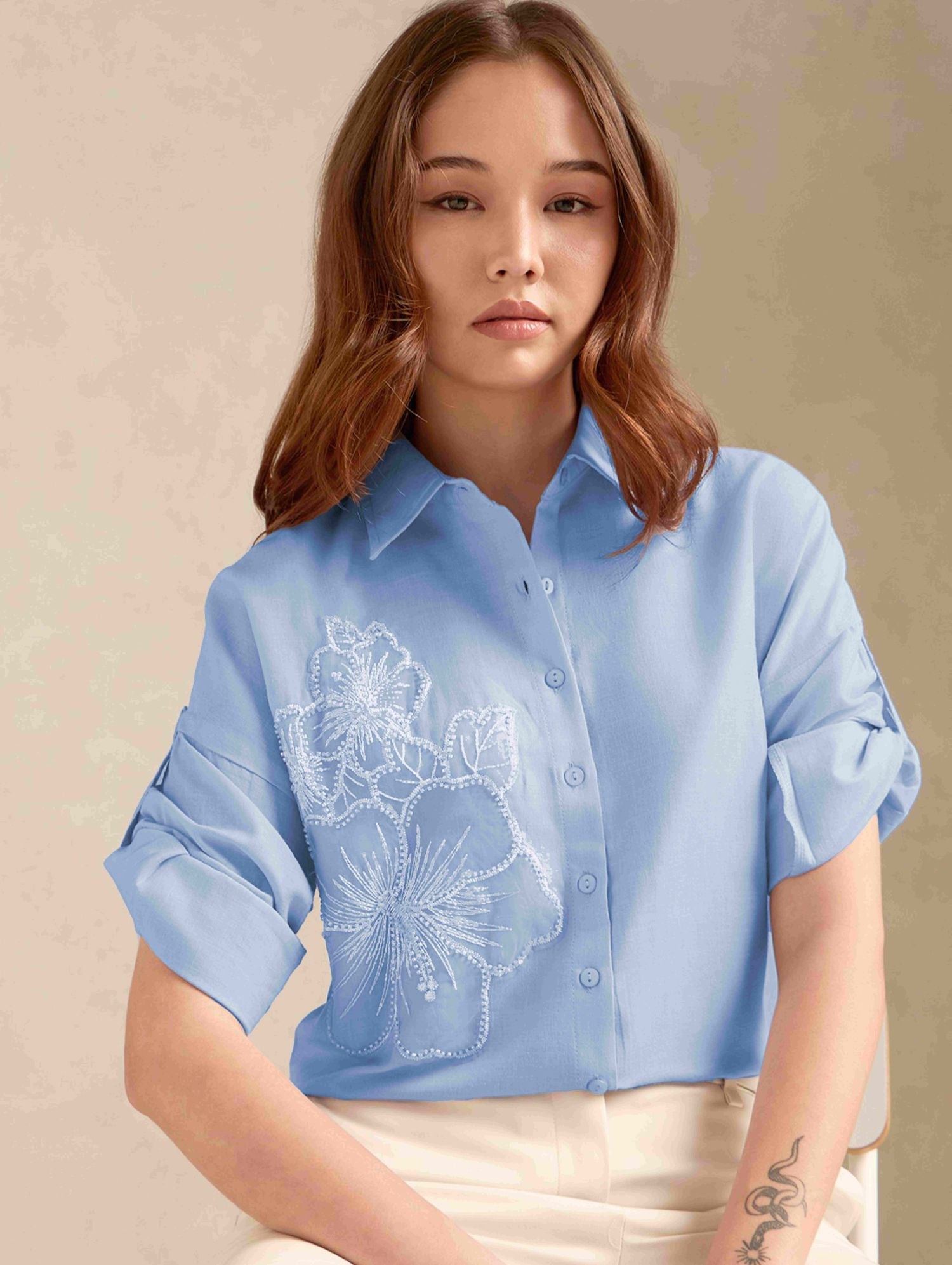 Women's Blue Casual Self-Design Full Sleeves Shirt