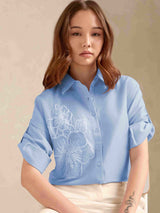 Women's Blue Casual Self-Design Full Sleeves Shirt