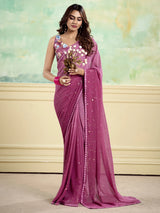 Women's Georgette Pink Embellished Designer Saree with Blouse Piece