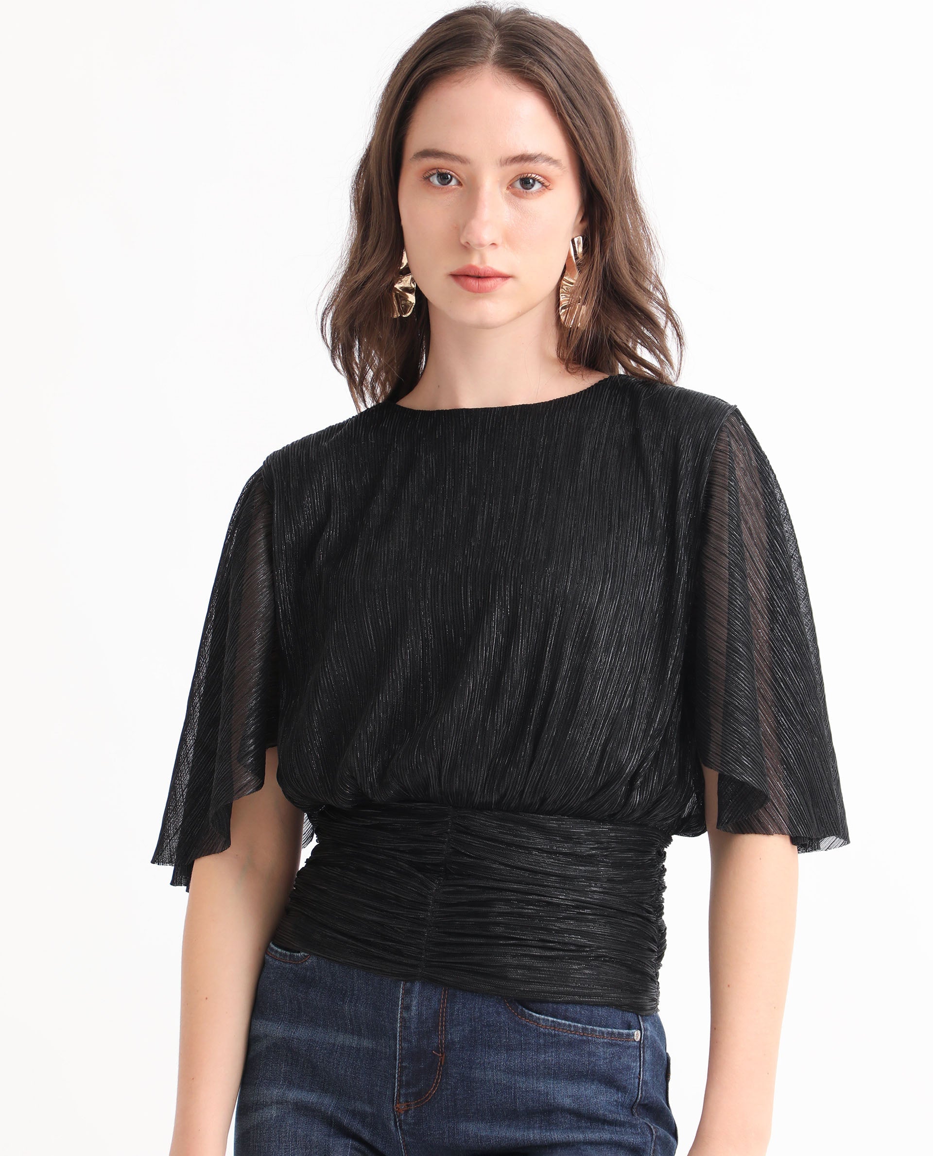 Women's Metalic Black Casual Half Sleeves Top