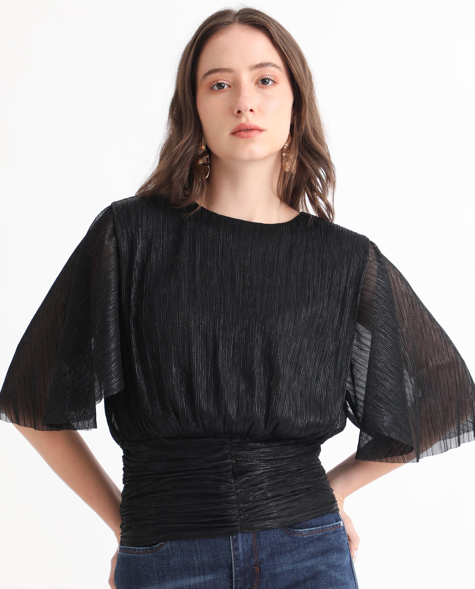 Women's Metalic Black Casual Half Sleeves Top