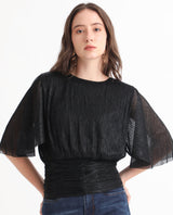 Women's Metalic Black Casual Half Sleeves Top