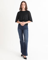 Women's Metalic Black Casual Half Sleeves Top