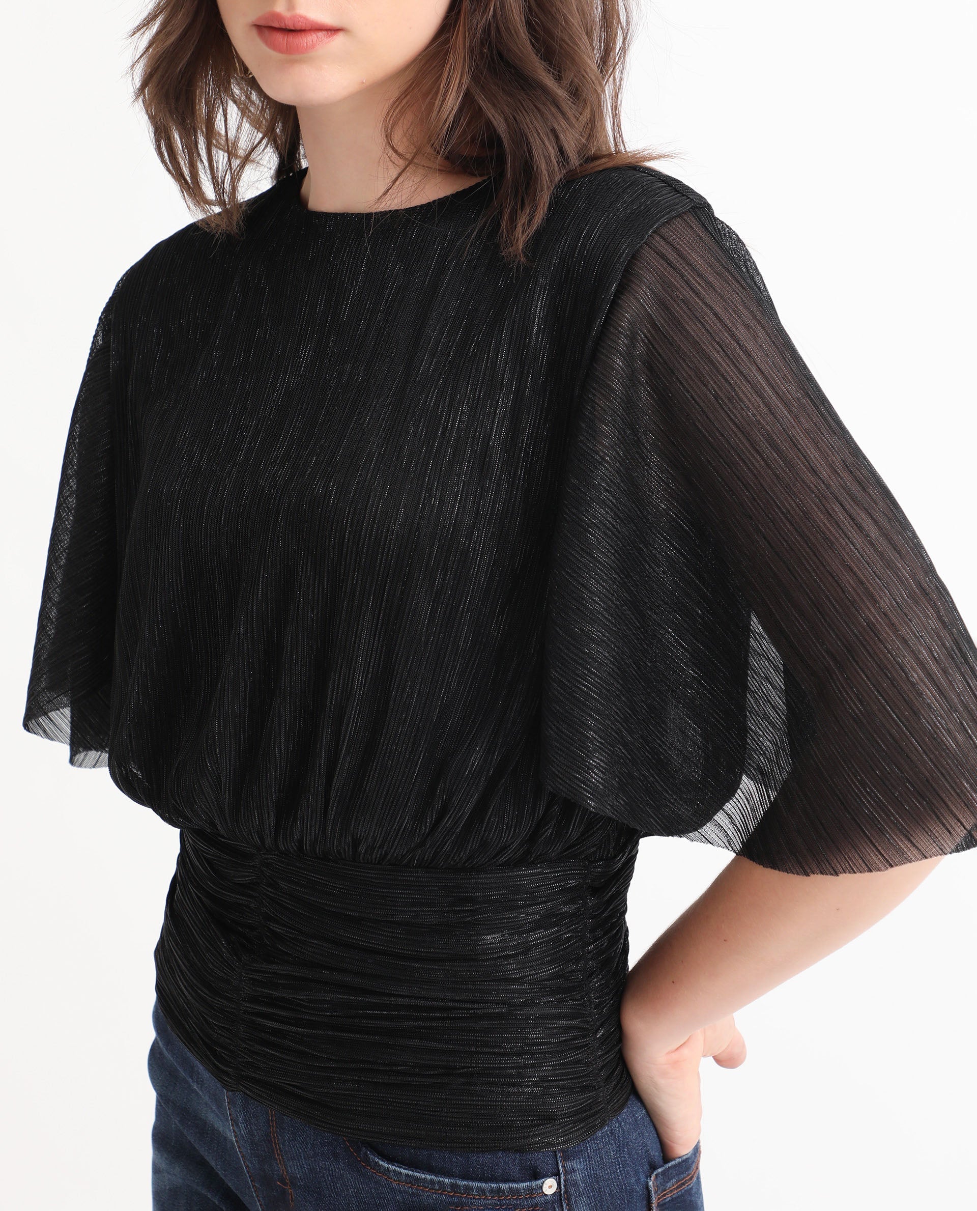 Women's Metalic Black Casual Half Sleeves Top