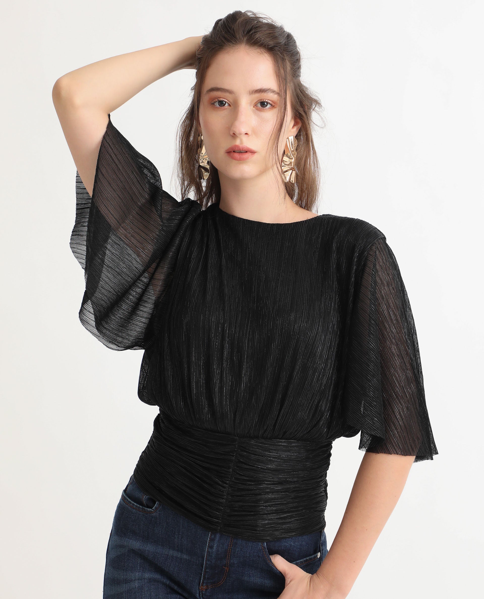 Women's Metalic Black Casual Half Sleeves Top