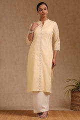Women's Light Yellow Cotton Kurta With Pearl
