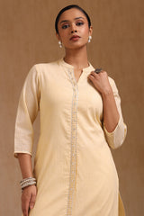 Women's Light Yellow Cotton Kurta With Pearl
