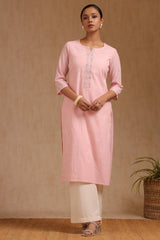 Women's Pink Cotton Kurta With Faux Mirror