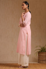 Women's Pink Cotton Kurta With Faux Mirror