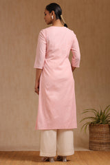 Women's Pink Cotton Kurta With Faux Mirror