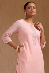 Women's Pink Cotton Kurta With Faux Mirror