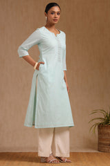 Women's Turquoise Blue Cotton Kurta With Beads
