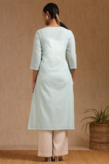 Women's Turquoise Blue Cotton Kurta With Beads