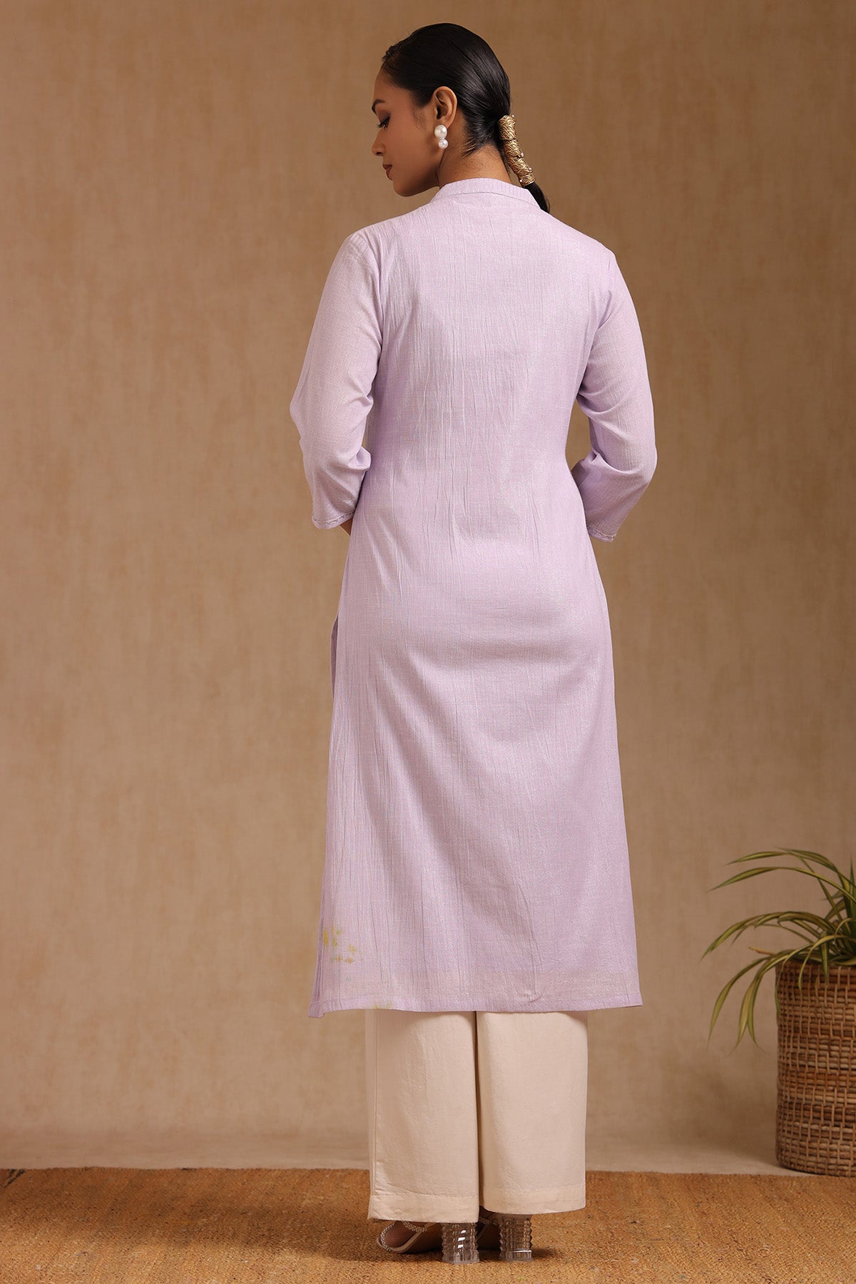 Women's Purple Cotton Solid Kurta With Beads