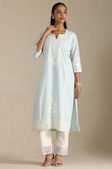 Women's Powder Blue Cotton Embroidered Kurta Set With Thread Work