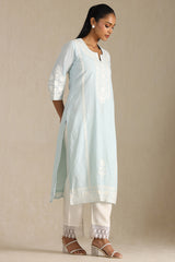 Women's Powder Blue Cotton Embroidered Kurta Set With Thread Work