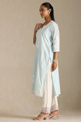 Women's Powder Blue Cotton Embroidered Kurta Set With Thread Work
