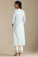 Women's Powder Blue Cotton Embroidered Kurta Set With Thread Work