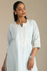 Women's Powder Blue Cotton Embroidered Kurta Set With Thread Work