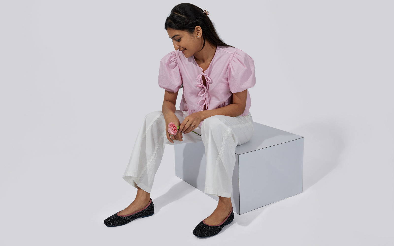 Women's Black-Pink Metallic Square Flats