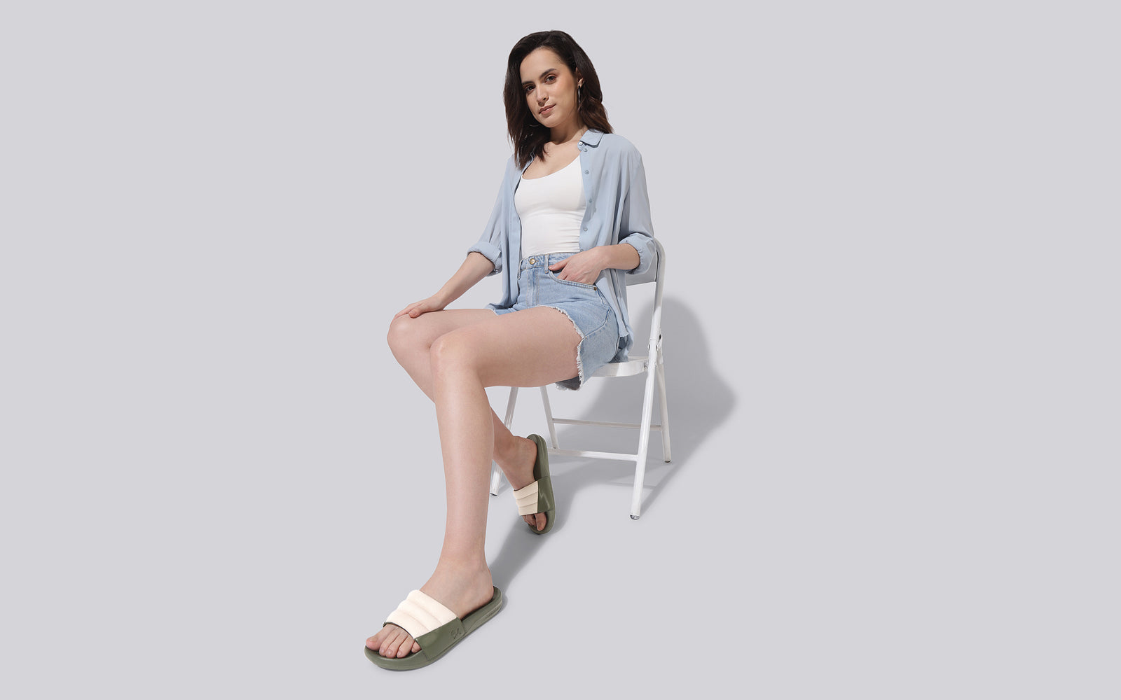 Women's Ecru and Olive Squooshy Slides