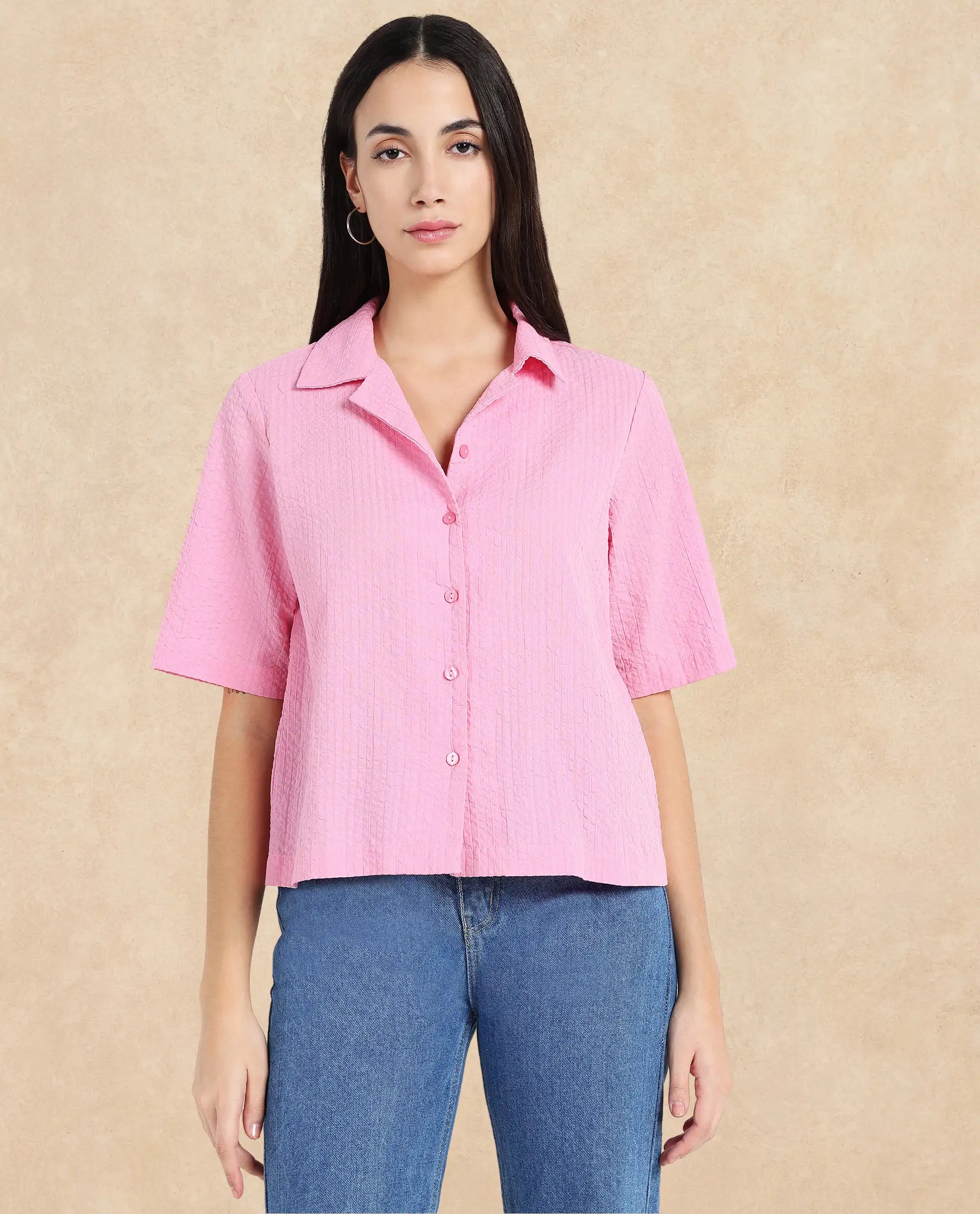 Women's Pink Casual Half Sleeves Top