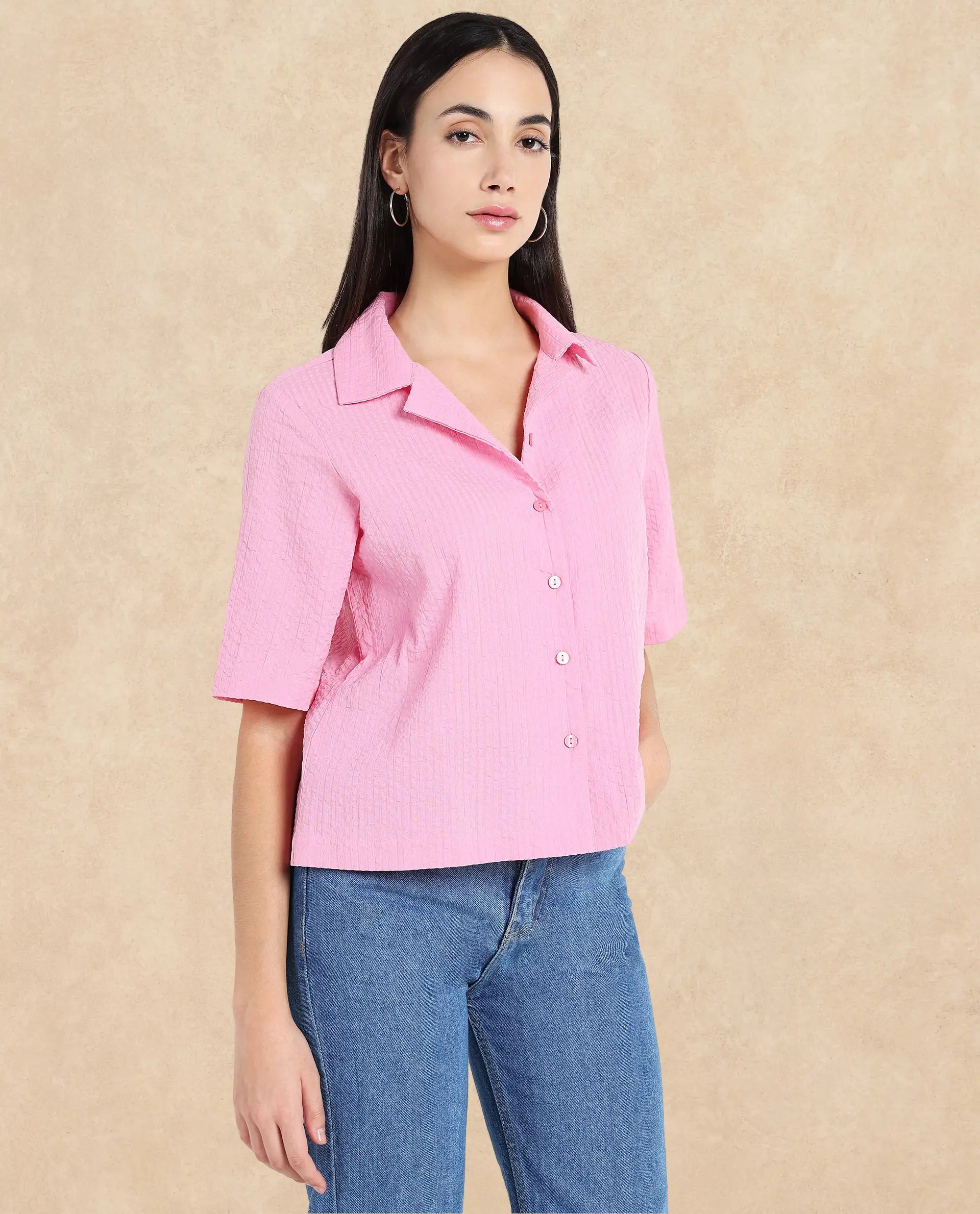 Women's Pink Casual Half Sleeves Top