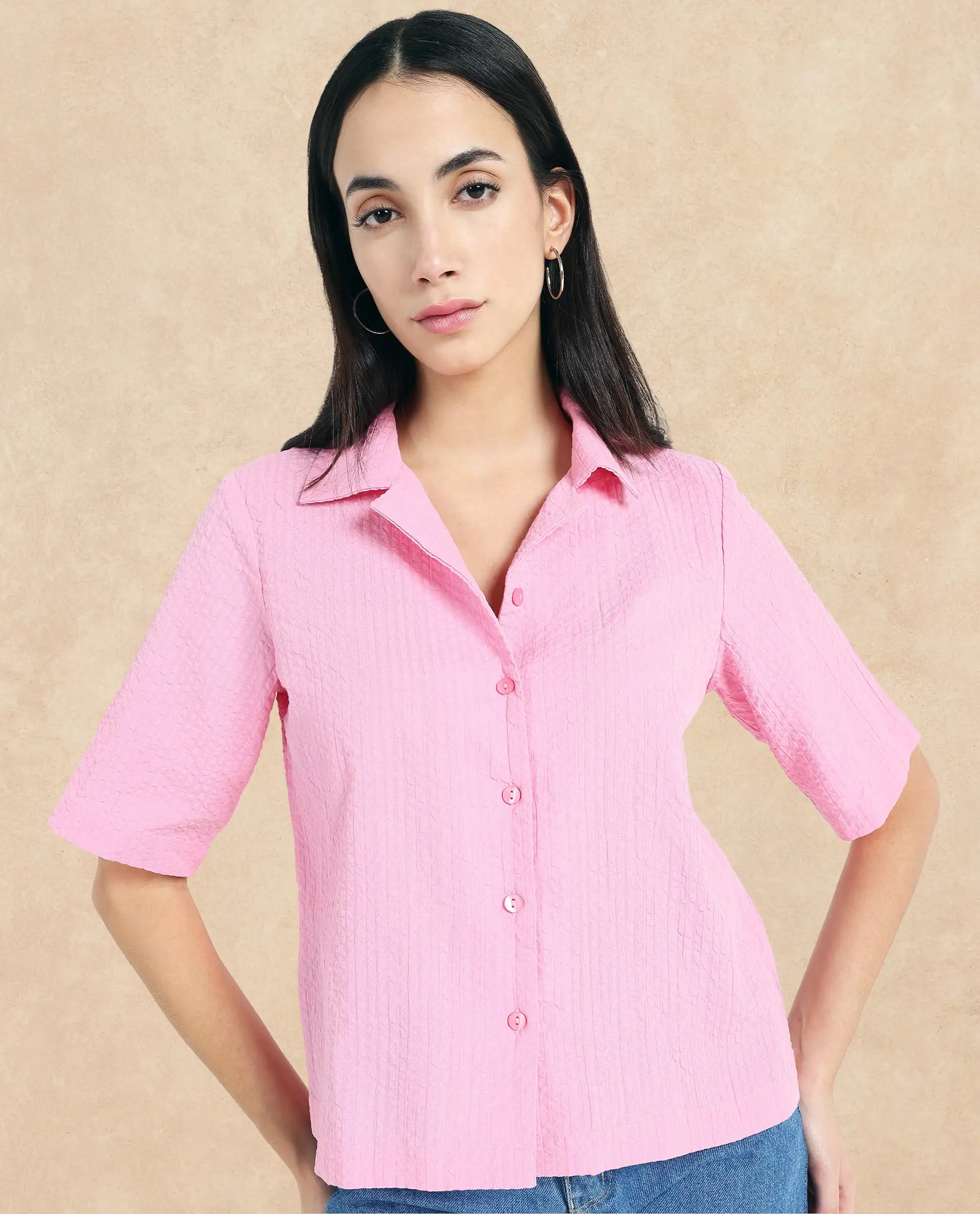Women's Pink Casual Half Sleeves Top