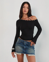Women's Black Casual Regular Fit Solid One Shoulder Sleeve Top