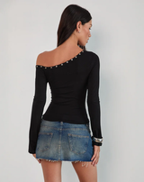 Women's Black Casual Regular Fit Solid One Shoulder Sleeve Top