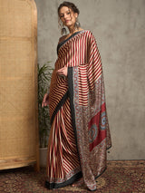 Women's Pure Crepe Maroon Printed Designer Saree With Blouse Piece